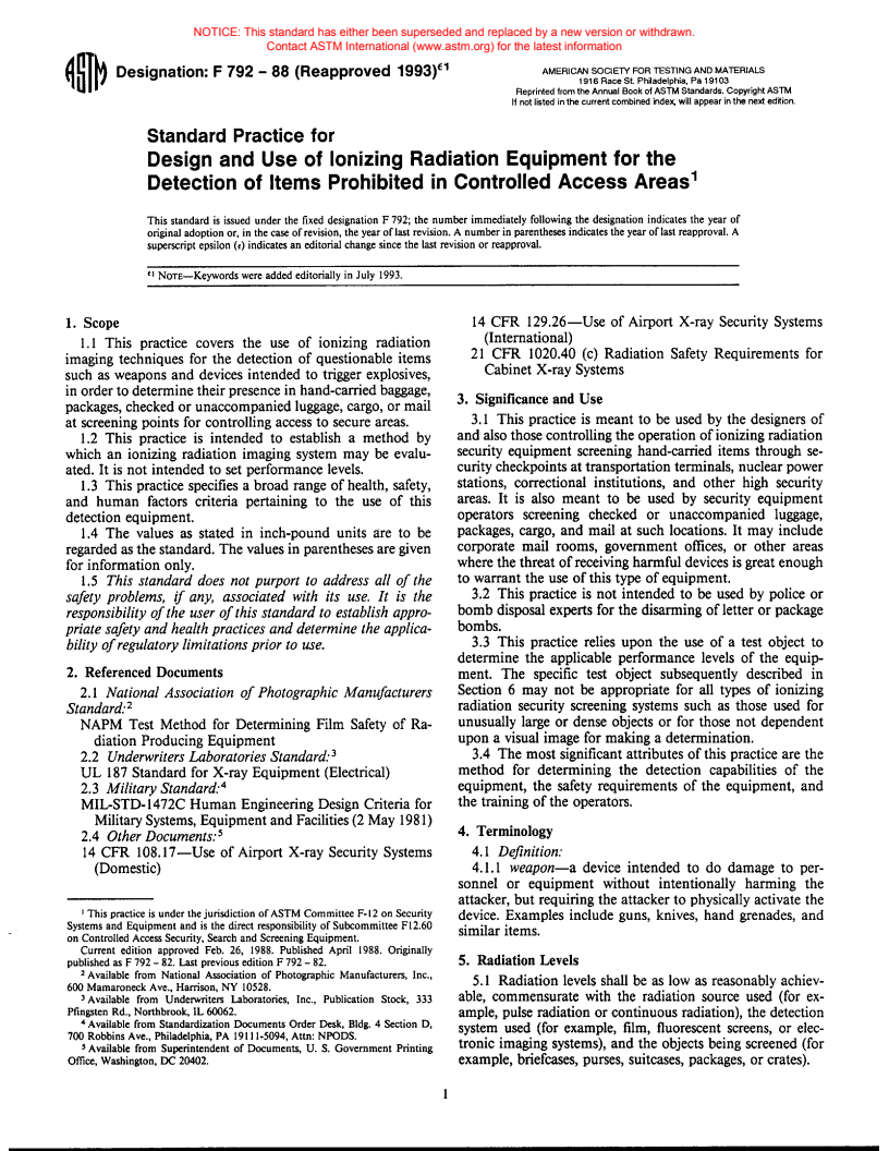 ASTM F792-88(1993)e1 - Standard Practice for Evaluating the Imaging Performance of Security X-Ray Systems