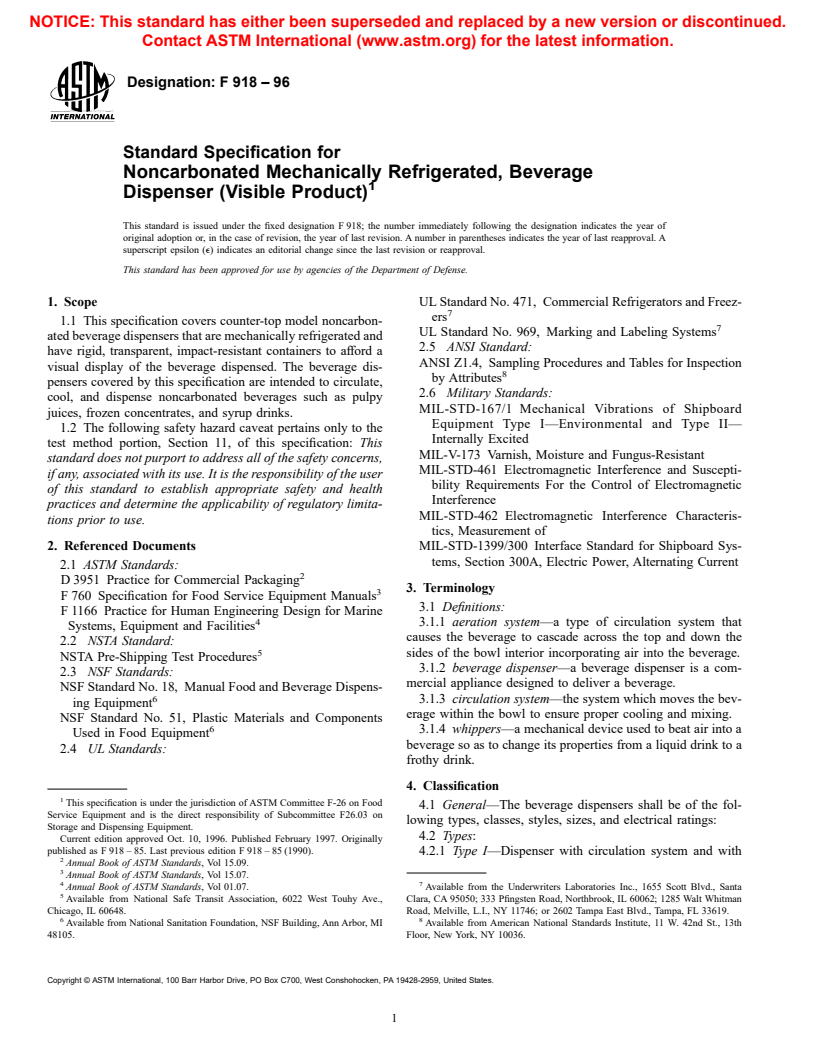 ASTM F918-96 - Standard Specification for Noncarbonated Mechanically Refrigerated, Beverage Dispenser (Visible Product)