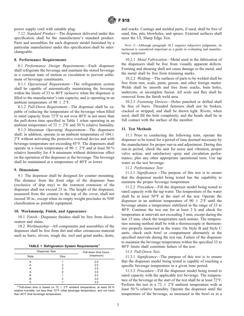 ASTM F918-96 - Standard Specification for Noncarbonated Mechanically Refrigerated, Beverage Dispenser (Visible Product)