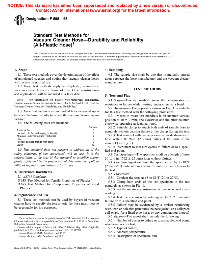 ASTM F595-96 - Standard Test Methods for Vacuum Cleaner Hose&#8212;Durability and Reliability (All-Plastic Hose)