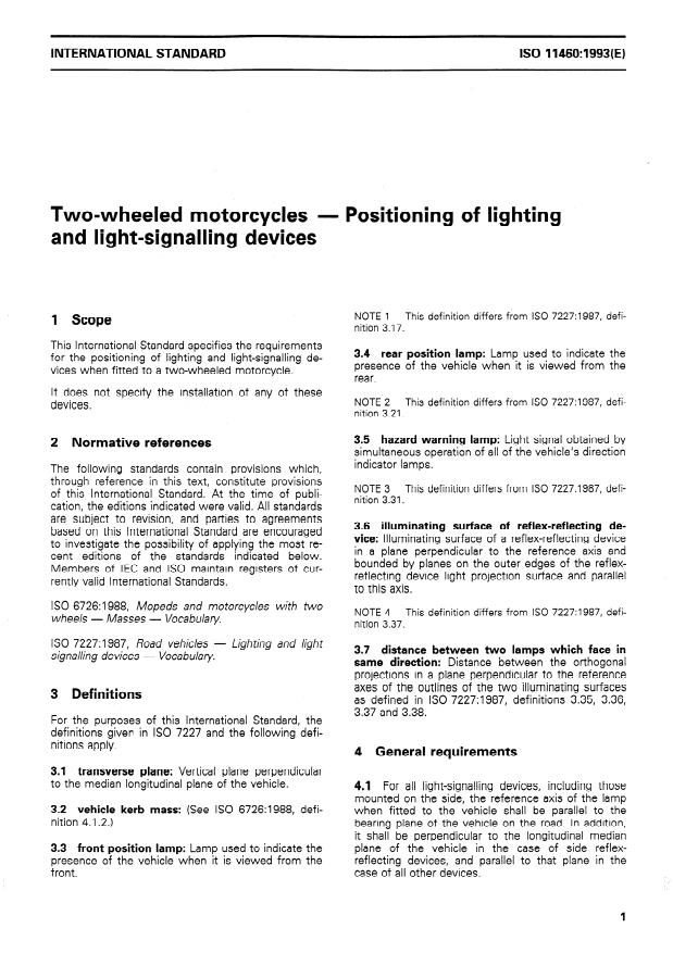 ISO 11460:1993 - Two-wheeled motorcycles -- Positioning of lighting and light-signalling devices