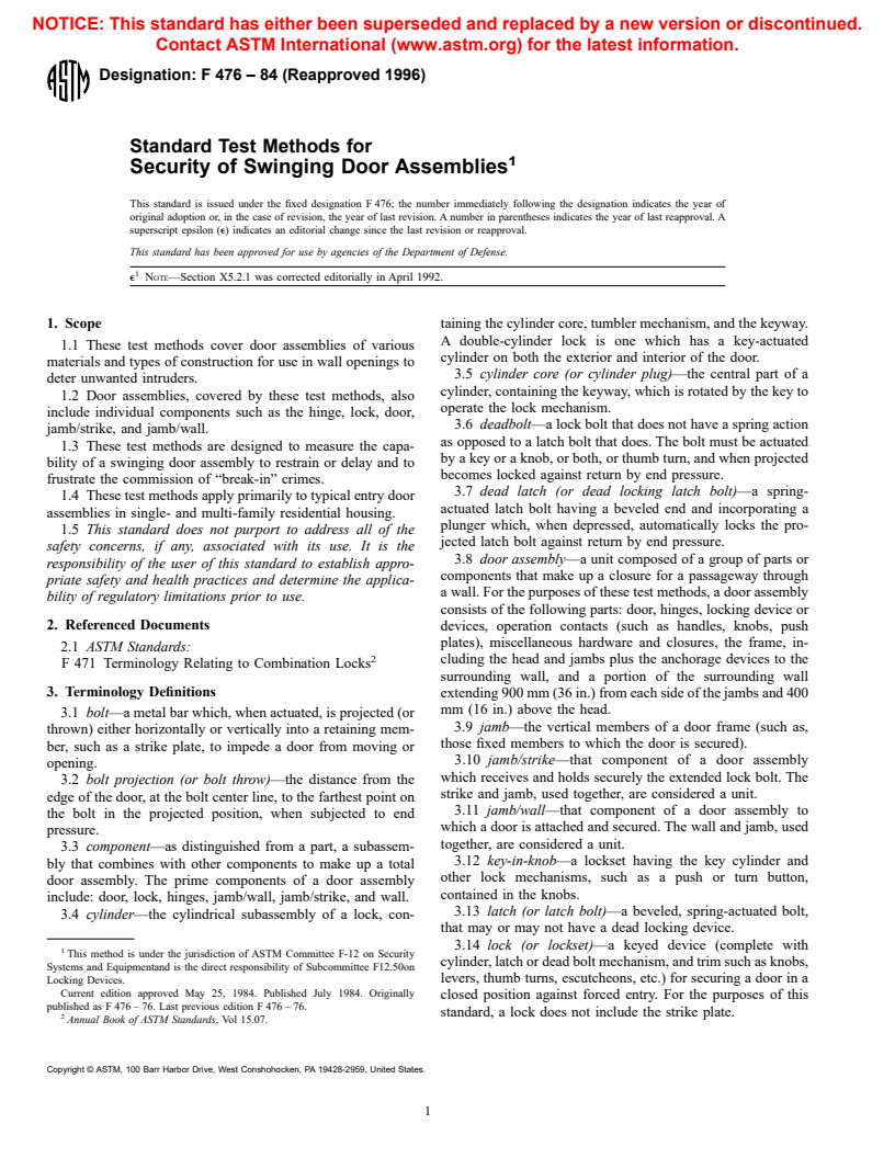 ASTM F476-84(1996) - Standard Test Methods for Security of Swinging Door Assemblies