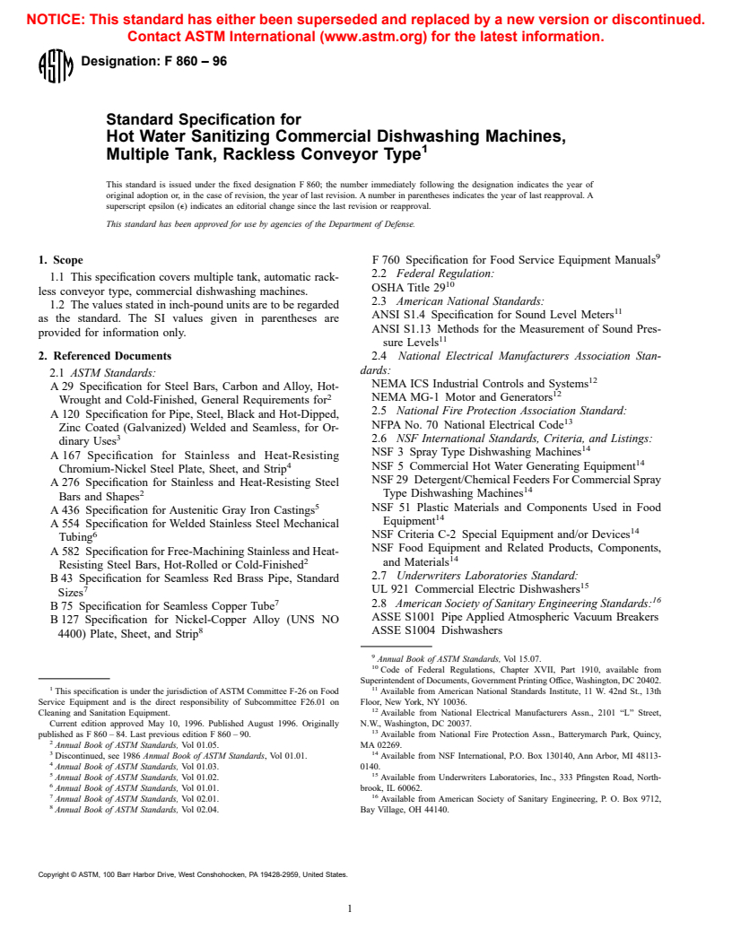 ASTM F860-96 - Standard Specification for Hot Water Sanitizing Commercial Dishwashing Machines, Multiple Tank, Rackless Conveyor Type