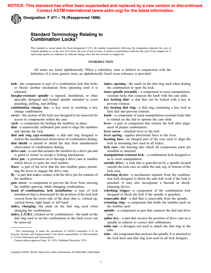 ASTM F471-76(1996) - Standard Terminology Relating to Combination Locks