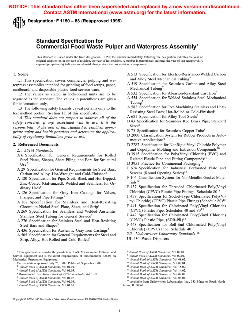 ASTM F1150-88(1995) - Standard Specification for Commercial Food Waste Pulper and Waterpress Assembly