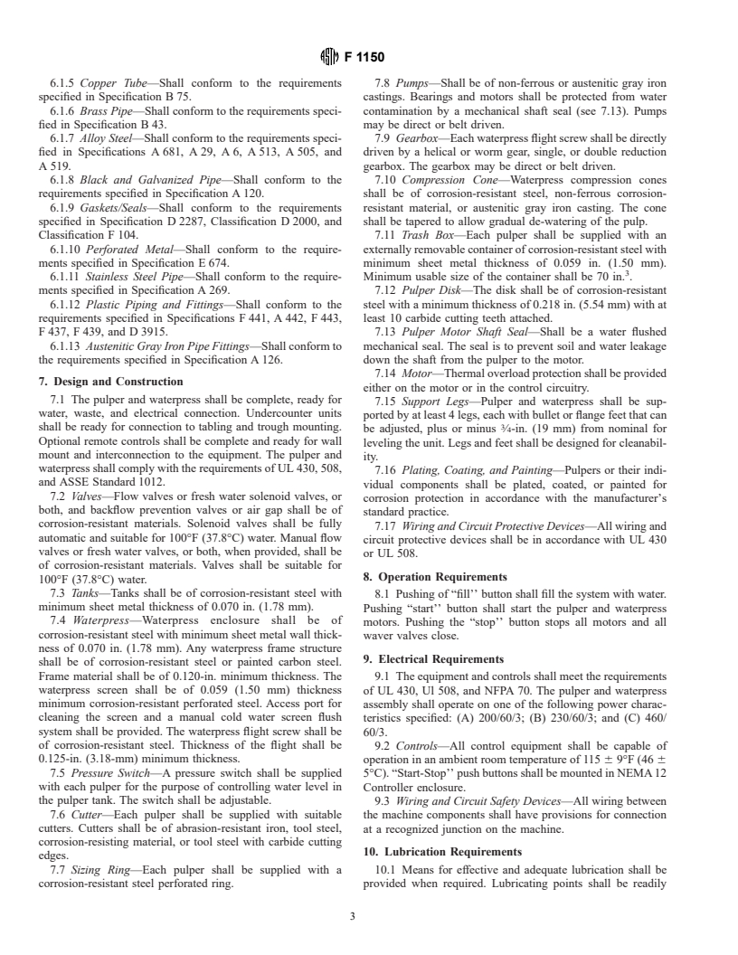 ASTM F1150-88(1995) - Standard Specification for Commercial Food Waste Pulper and Waterpress Assembly