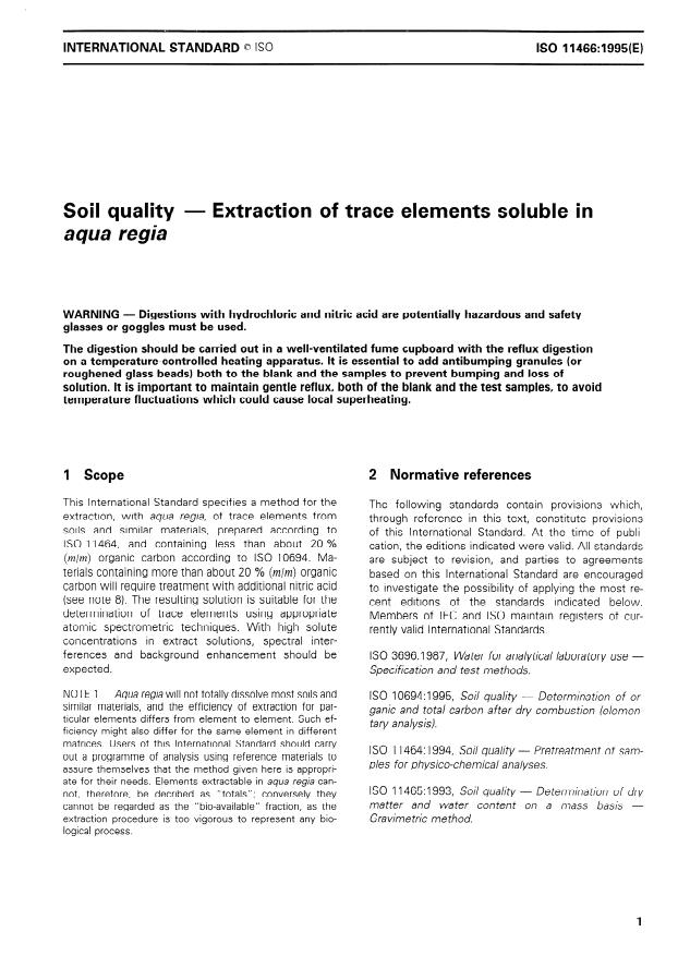 ISO 11466:1995 - Soil quality -- Extraction of trace elements soluble in aqua regia