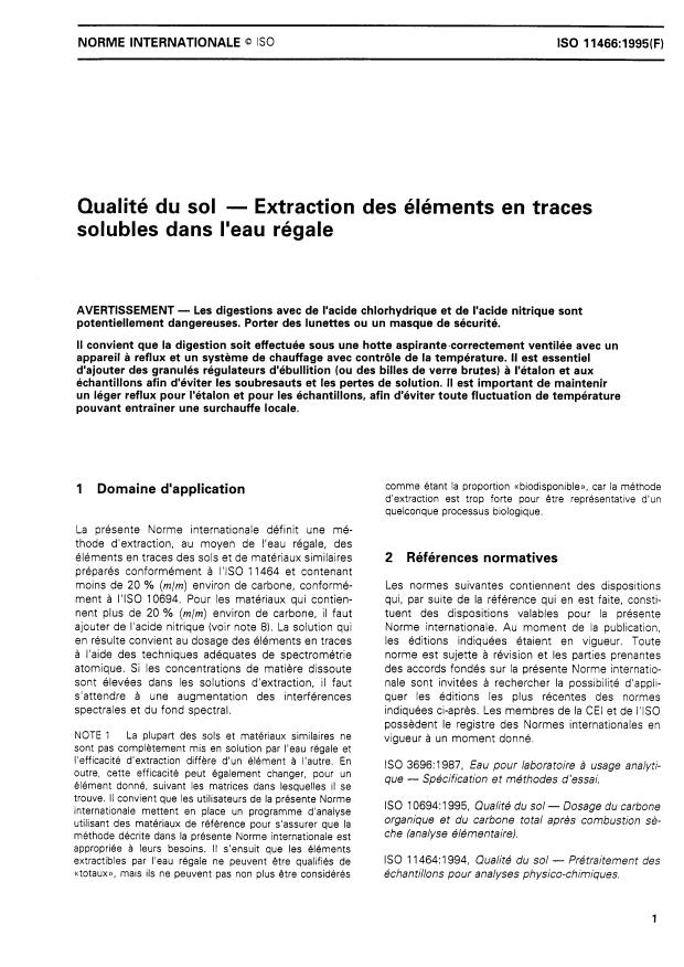 ISO 11466:1995 - Qualité du sol -- Extraction des éléments en traces solubles dans l'eau régale