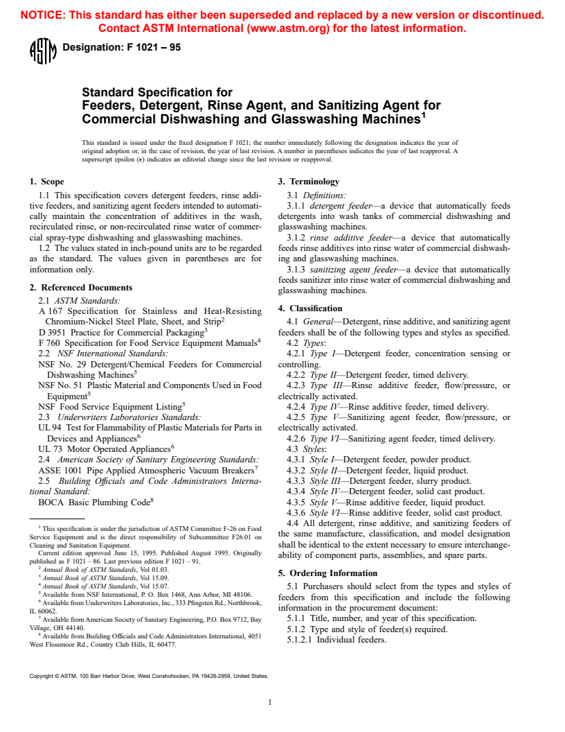 ASTM F1021-95 - Standard Specification for Feeders, Detergent, Rinse Agent, and Sanitizing Agent for Commercial Dishwashing and Glasswashing Machines