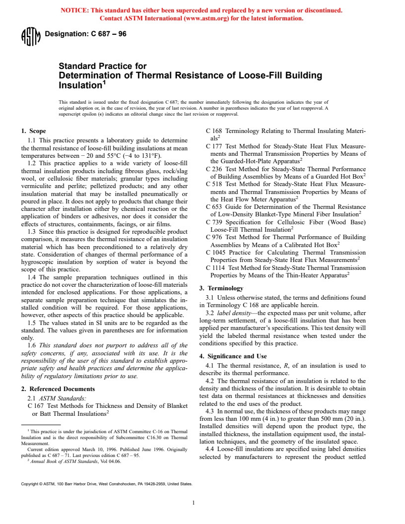 ASTM C687-96 - Standard Practice for Determination of Thermal Resistance of Loose-Fill Building Insulation