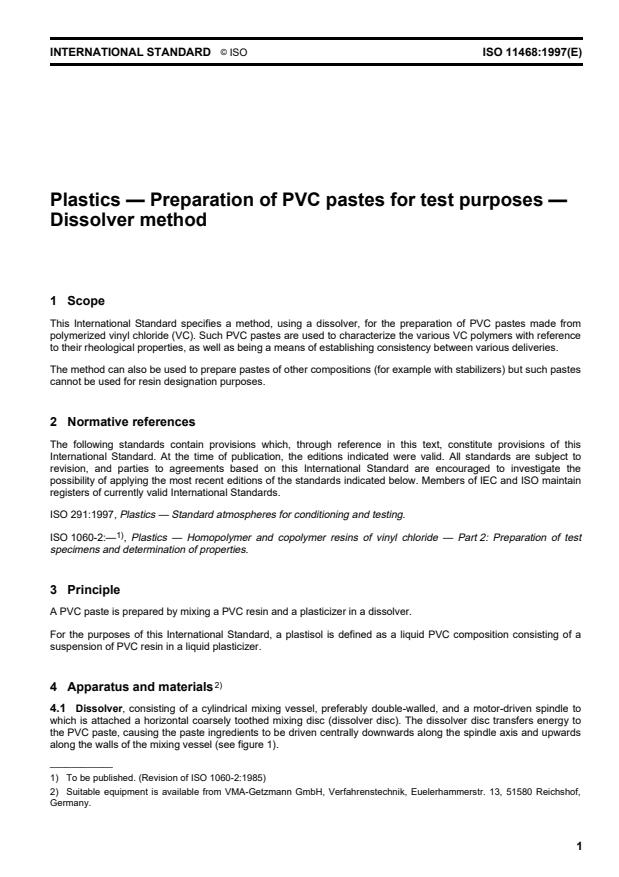 ISO 11468:1997 - Plastics -- Preparation of PVC pastes for test purposes -- Dissolver method