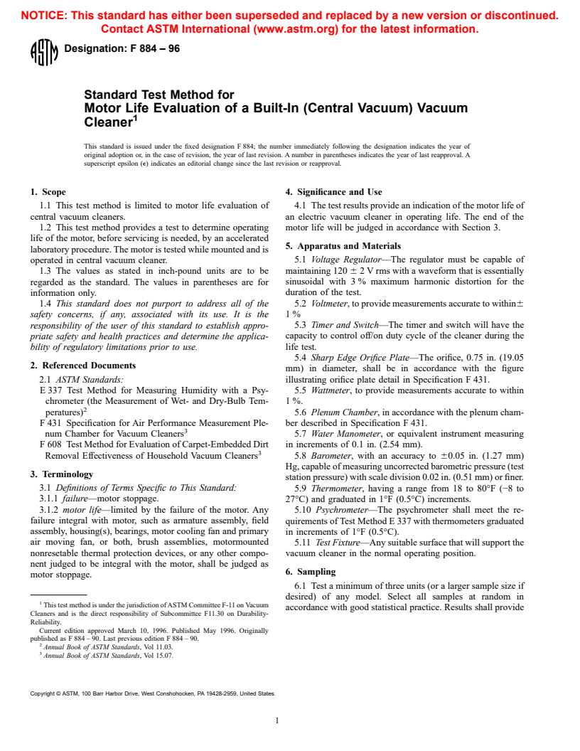 ASTM F884-96 - Standard Test Method for Motor Life Evaluation of a Built-In (Central Vacuum) Vacuum Cleaner