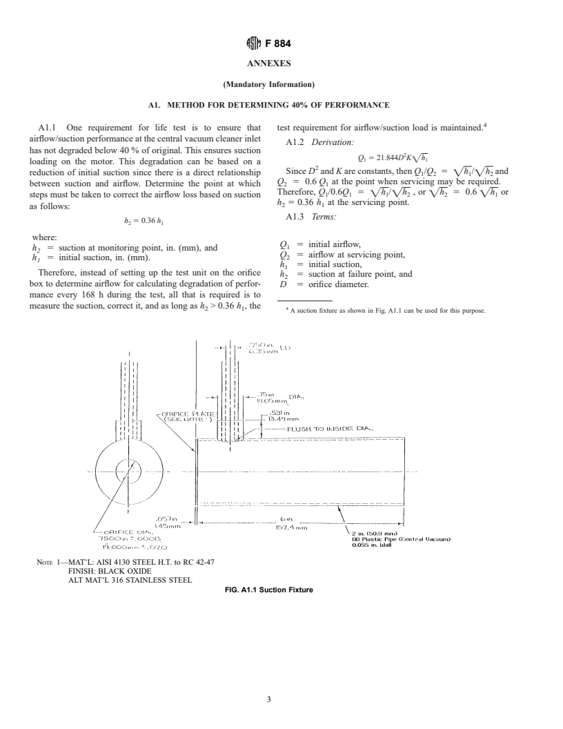 ASTM F884-96 - Standard Test Method for Motor Life Evaluation of a Built-In (Central Vacuum) Vacuum Cleaner