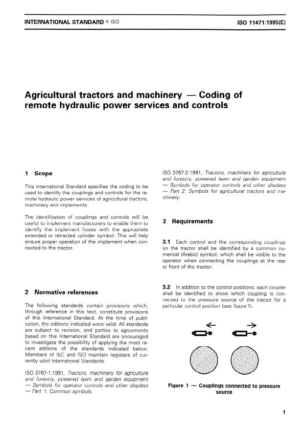 ISO 11471:1995 - Agricultural tractors and machinery -- Coding of remote hydraulic power services and controls