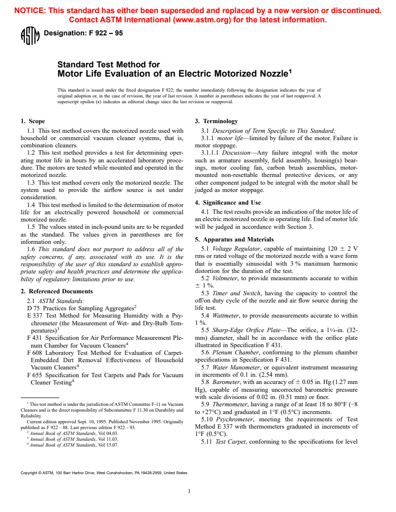 ASTM F922-95 - Standard Test Method for Motor Life Evaluation of an Electric Motorized Nozzle