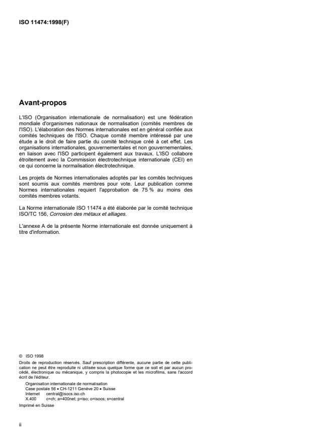 SIST ISO 11474:1999 ISO 11474:1998 - Corrosion des métaux et alliages -- Essais de corrosion en atmosphere artificielle -- Essai de corrosion accéléré en extérieur par vaporisation intermittente d'un brouillard salin ("Scab test") - Page 2 preview