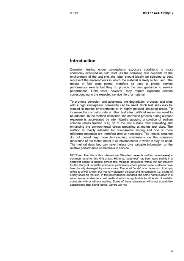 ISO 11474:1998 - Corrosion of metals and alloys -- Corrosion tests in artificial atmosphere -- Accelerated outdoor test by intermittent spraying of a salt solution (Scab test)