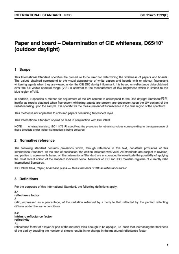 ISO 11475:1999 - Paper and board -- Determination of CIE whiteness, D65/10 degrees (outdoor daylight)