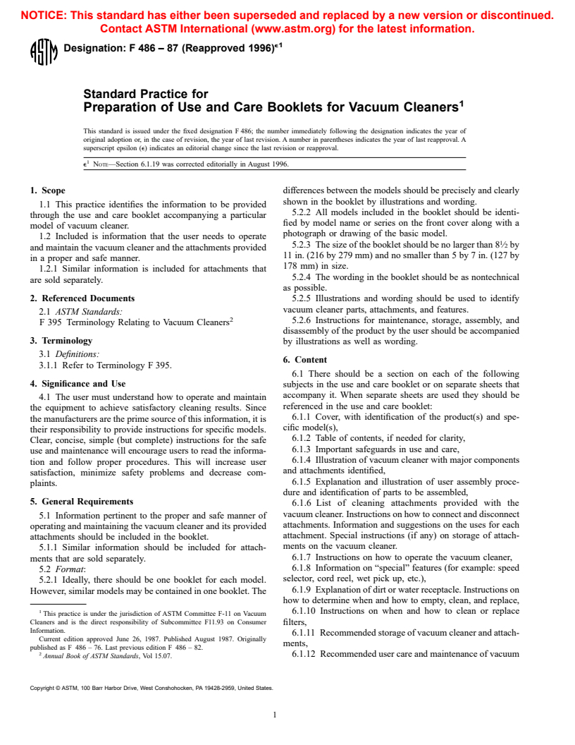 ASTM F486-87(1996)e1 - Standard Practice for Preparation of Use and Care Booklets for Vacuum Cleaners