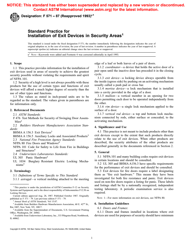 ASTM F571-87(1993)e1 - Standard Practice for Installation of Exit Devices in Security Areas