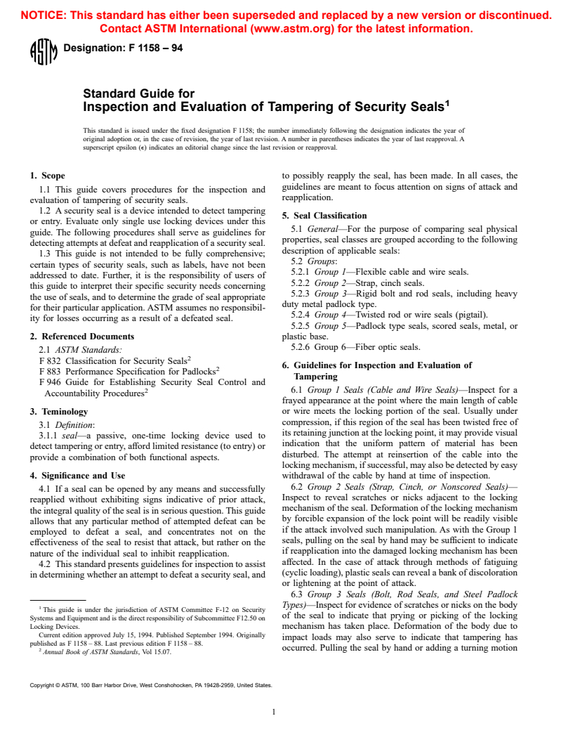 ASTM F1158-94 - Standard Guide for Inspection and Evaluation of Tampering of Security Seals