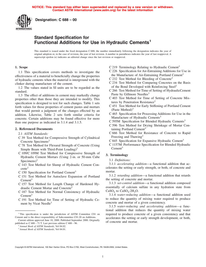 ASTM C688-00 - Standard Specification for Functional Additions for Use in Hydraulic Cements