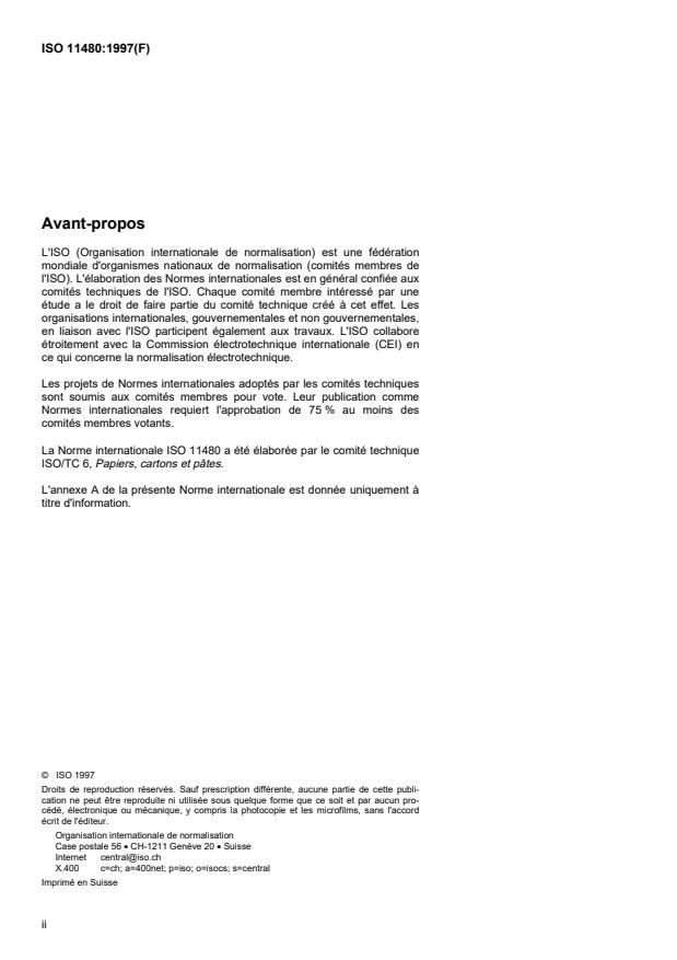 ISO 11480:1997 ISO 11480:1997 - Pâtes, papier et carton -- Dosage du chlore total et du chlore lié aux matieres organiques - Page 2 preview