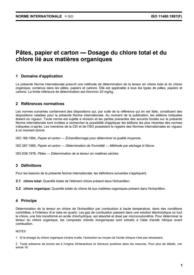 ISO 11480:1997 - Pâtes, papier et carton -- Dosage du chlore total et du chlore lié aux matieres organiques