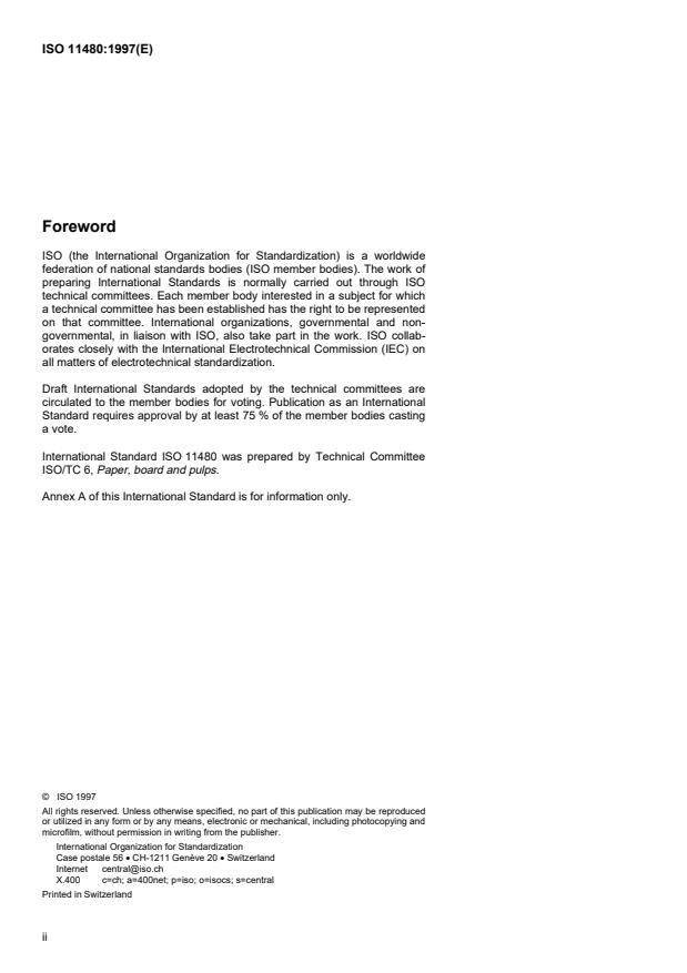 ISO 11480:1997 ISO 11480:1997 - Pulp, paper and board -- Determination of total chlorine and organically bound chlorine - Page 2 preview