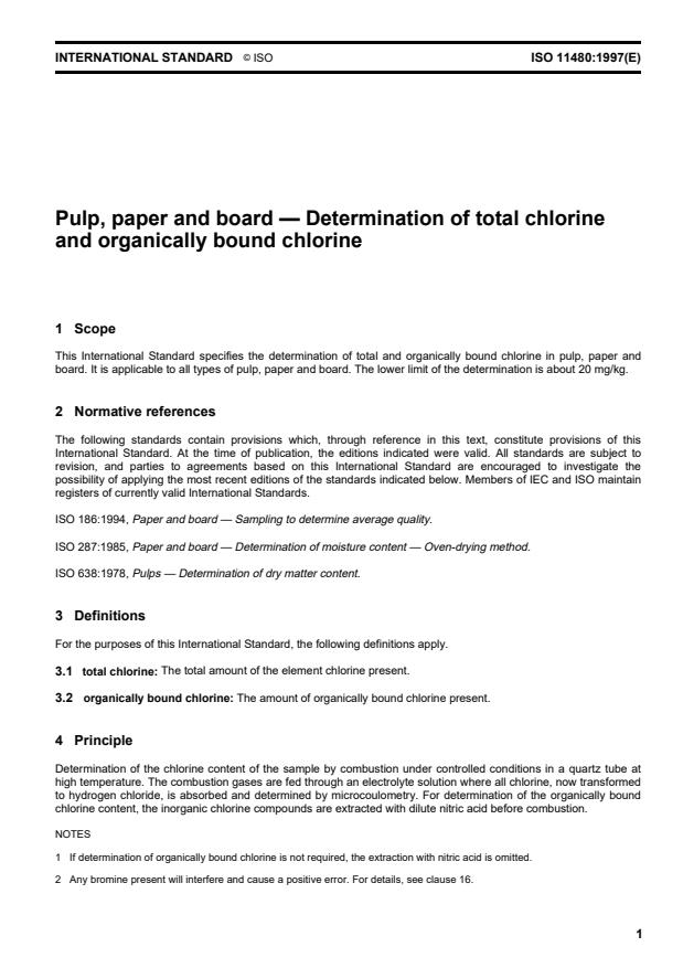 ISO 11480:1997 - Pulp, paper and board -- Determination of total chlorine and organically bound chlorine
