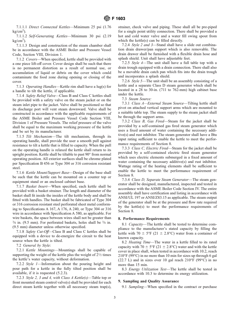 ASTM F1603-95 - Standard Specification for Kettles, Steam-Jacketed, 32 oz to 20 gal (1 to 75.7 L), Tilting, Table Mounted, Direct Connected, Gas Fired and Electric Fired