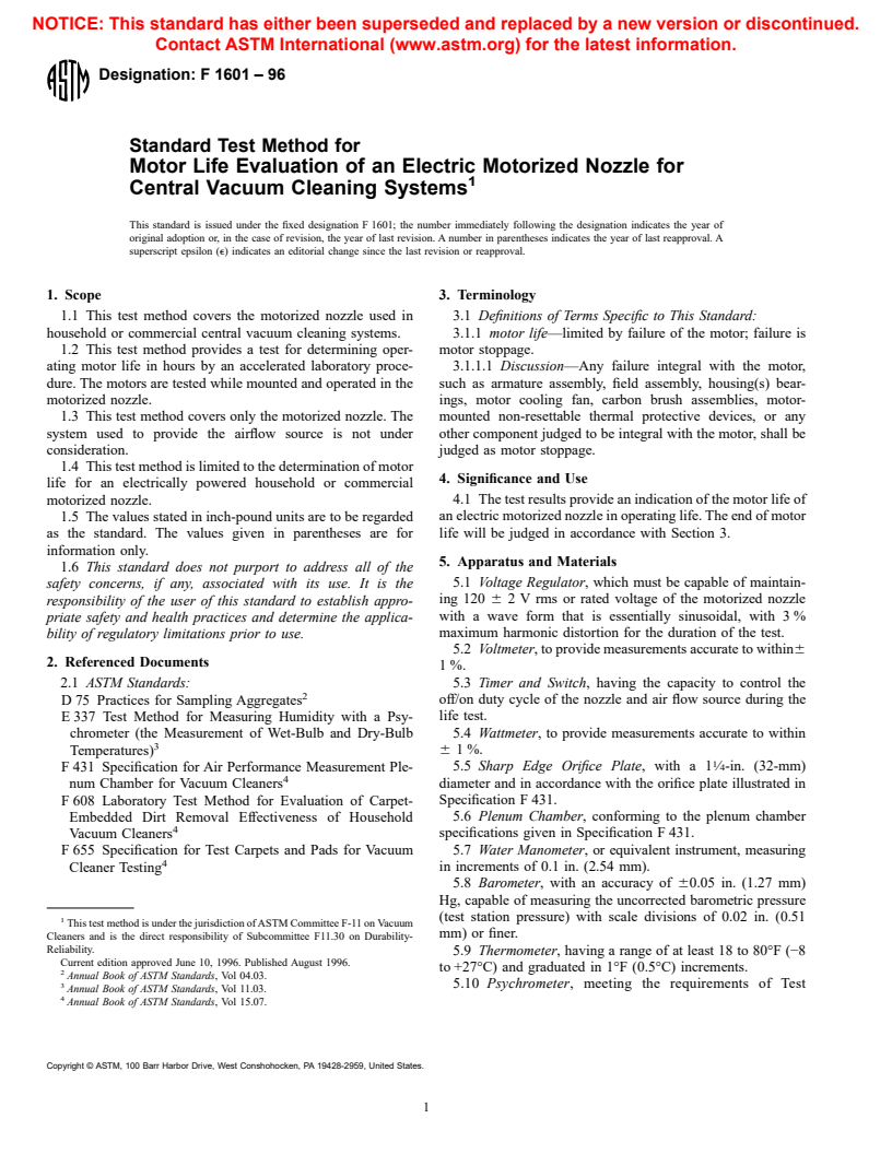 ASTM F1601-96 - Standard Test Method for Motor Life Evaluation of an Electric Motorized Nozzle for Central Vacuum Cleaning Systems