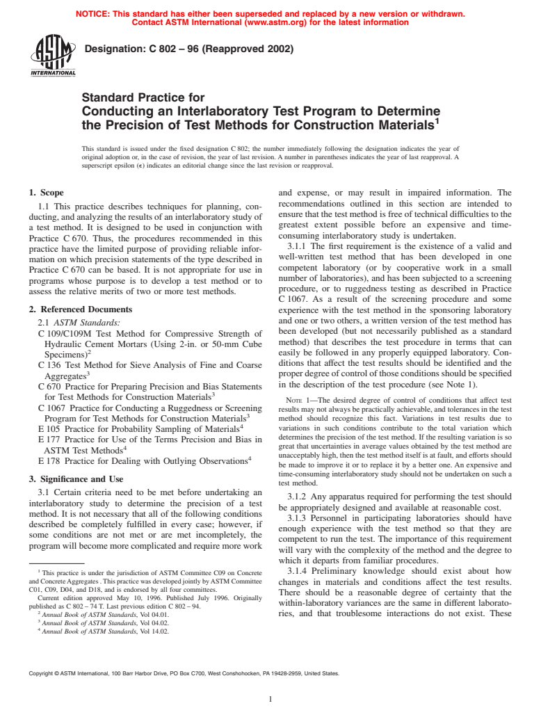 ASTM C802-96(2002) - Standard Practice for Conducting an Interlaboratory Test Program to Determine the Precision of Test Methods for Construction Materials