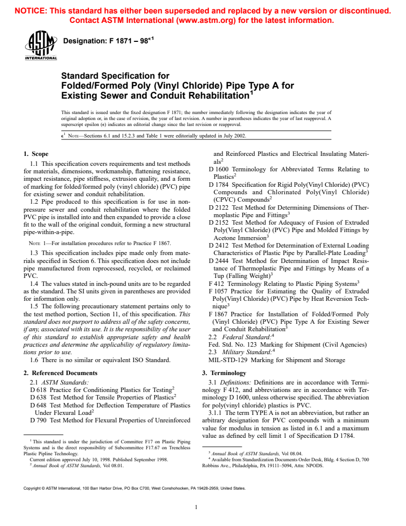 ASTM F1871-98e1 - Standard Specification for Folder/Formed Poly (Vinyl Chloride) Pipe Type A for Existing Sewer and Conduit Rehabilitation