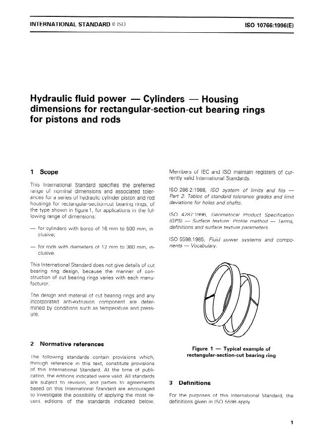 ISO 10766:1996 - Hydraulic fluid power -- Cylinders -- Housing dimensions for rectangular-section-cut bearing rings for pistons and rods