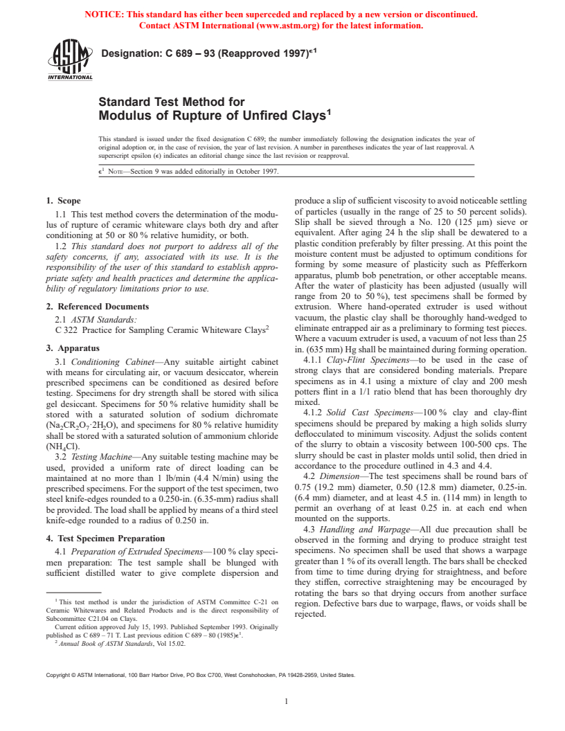 ASTM C689-93(1997)e1 - Standard Test Method for Modulus of Rupture of Unfired Clays