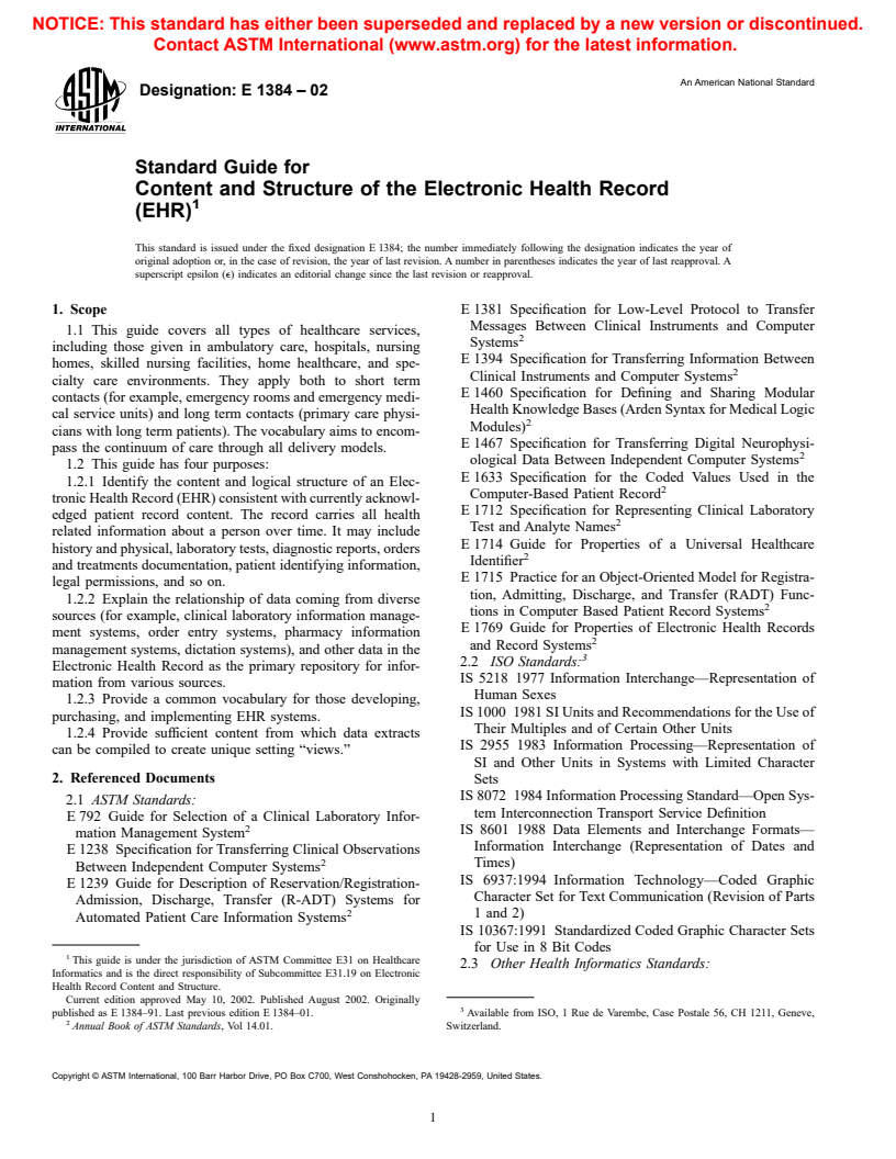 ASTM E1384-02 - Standard Guide for Content and Structure of the Electronic Health Record (EHR)