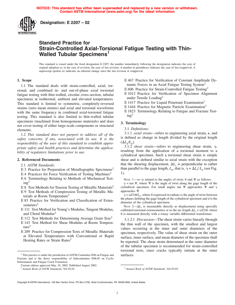 ASTM E2207-02 - Standard Practice for Strain-Controlled Axial-Torsional Fatigue Testing with Thin-Walled Tubular Specimens