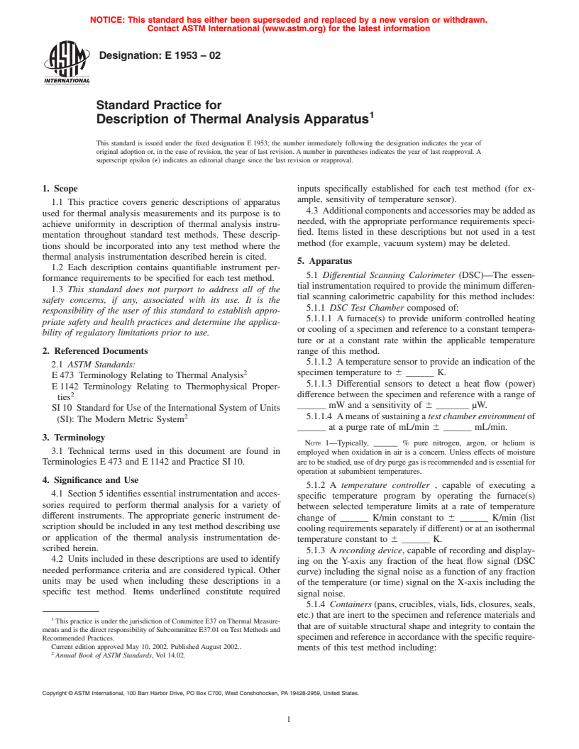 ASTM E1953-02 - Standard Practice for Description of Thermal Analysis Apparatus