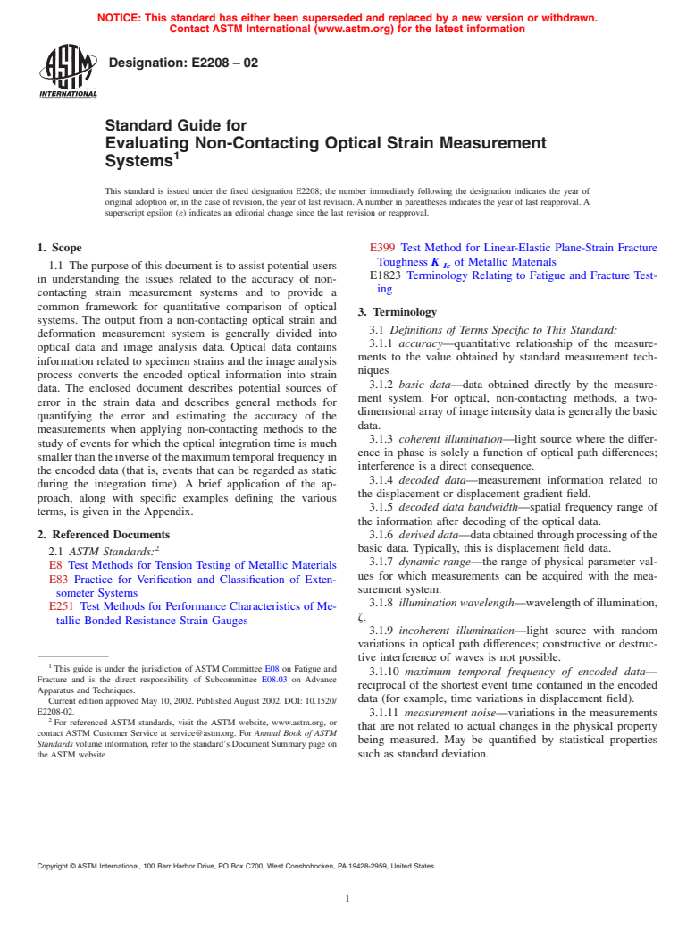 ASTM E2208-02 - Standard Guide for Evaluating Non-Contacting Optical Strain Measurement Systems