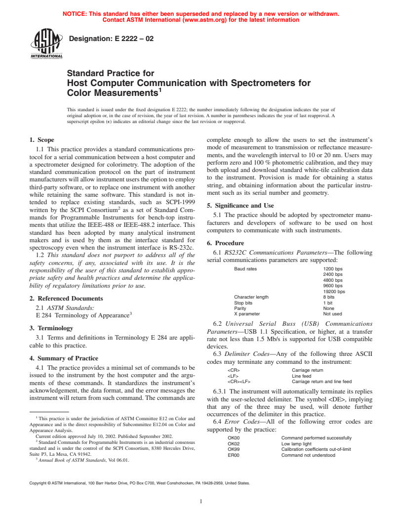 ASTM E2222-02 - Standard Practice for Host Computer Communication with Spectrometers for Color Measurements