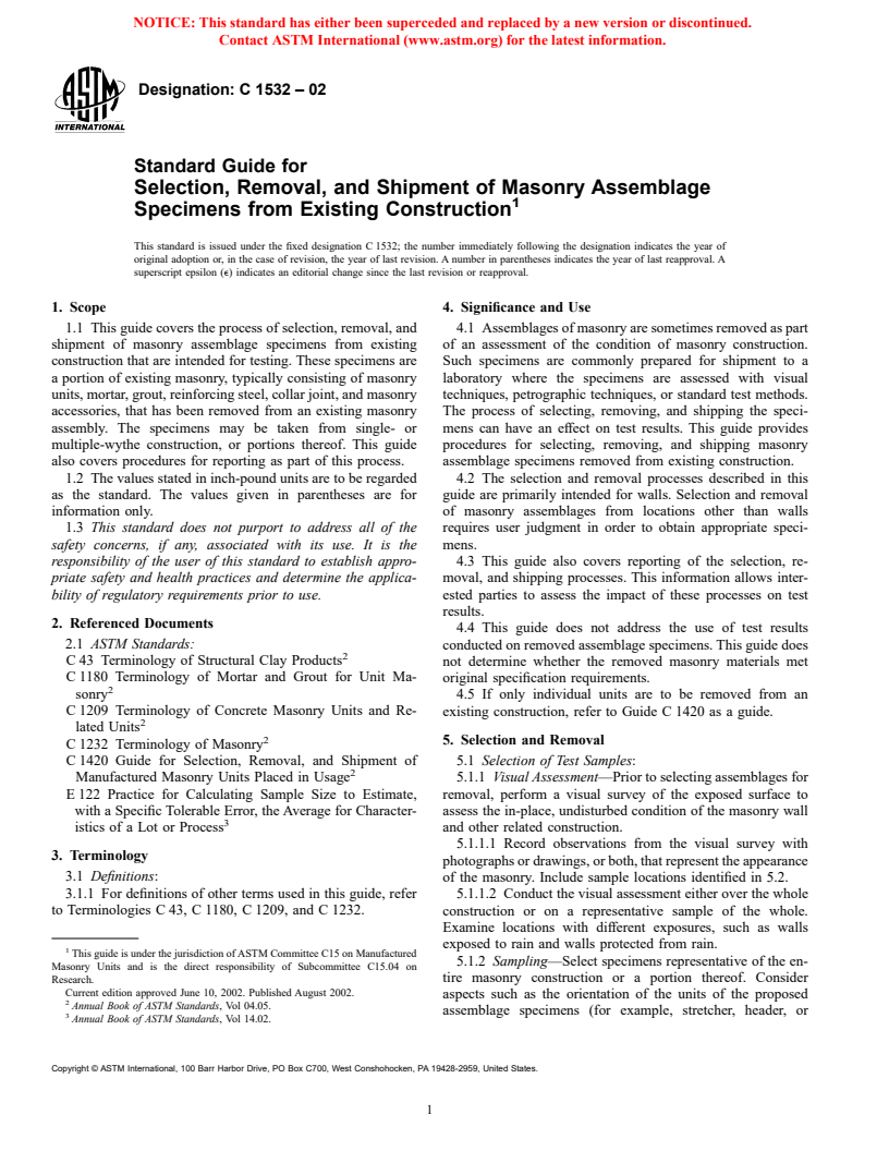 ASTM C1532-02 - Standard Guide for Selection, Removal, and Shipment of Masonry Assemblage Specimens from Existing Construction