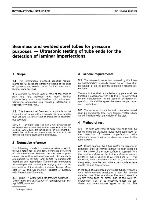ISO 11496:1993 - Seamless and welded steel tubes for pressure purposes -- Ultrasonic testing of tube ends for the detection of laminar imperfections