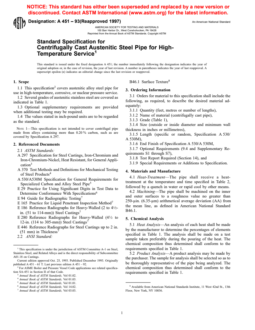 ASTM A451-93(1997) - Standard Specification for Centrifugally Cast Austenitic Steel Pipe for High-Temperature Service