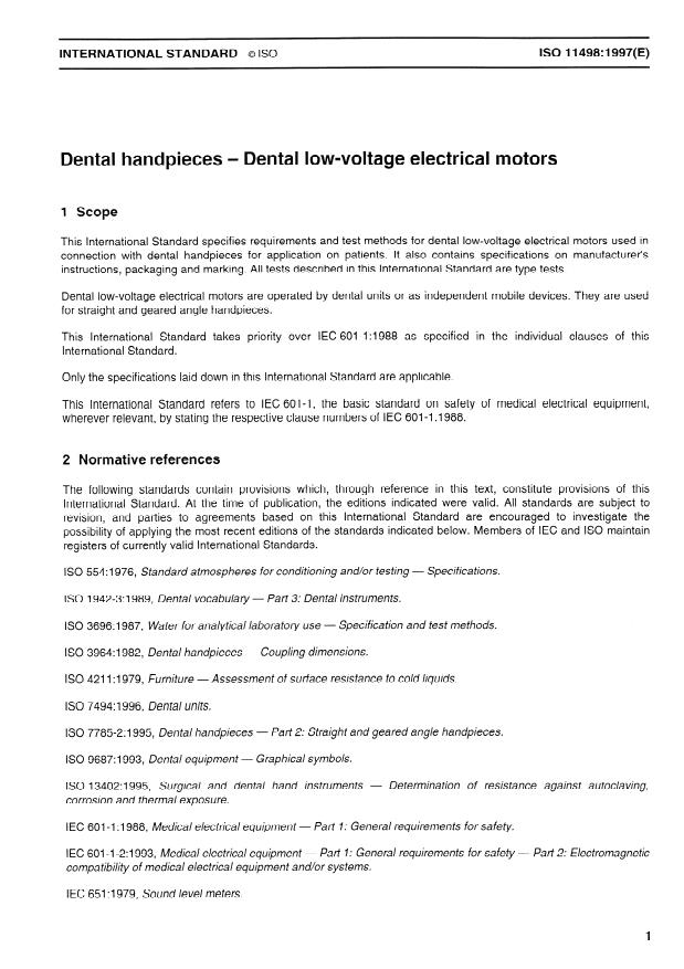 ISO 11498:1997 - Dental handpieces -- Dental low-voltage electrical motors