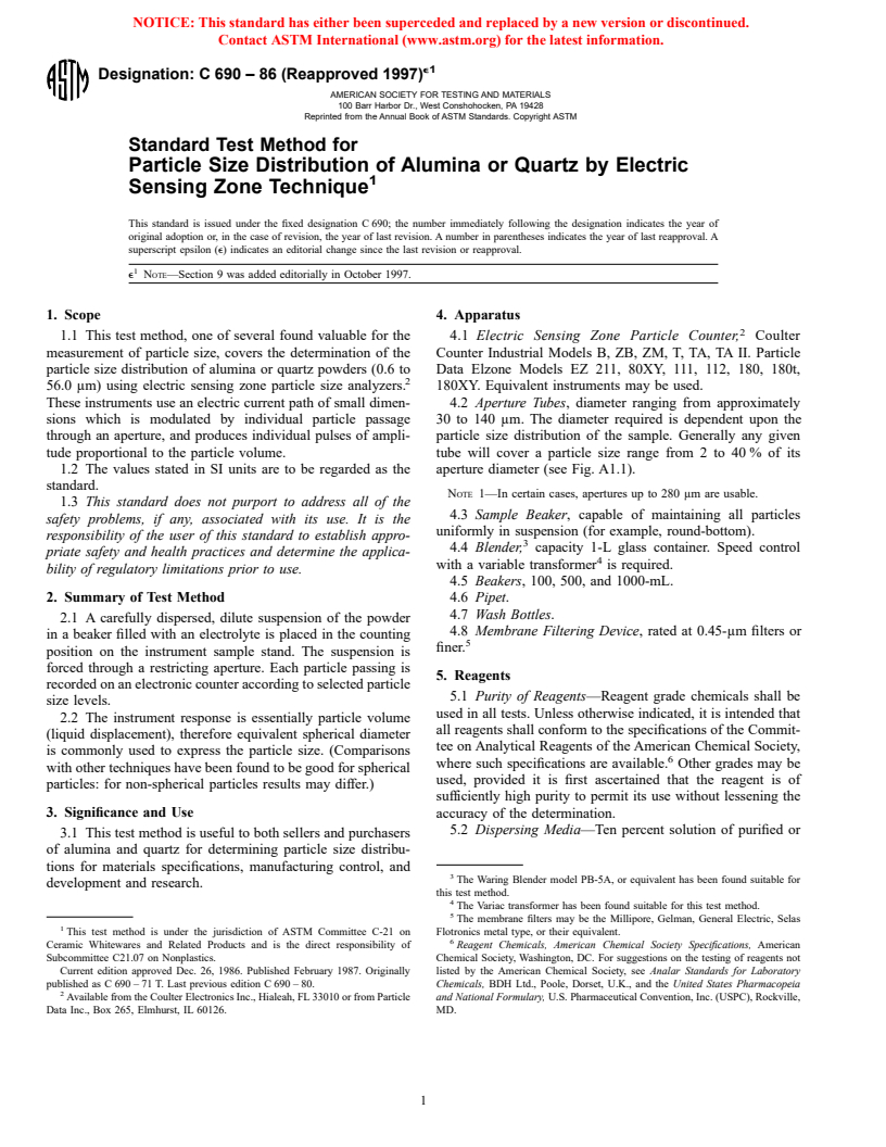 ASTM C690-86(1997)e1 - Standard Test Method for Particle Size Distribution of Alumina or Quartz by Electric Sensing Zone Technique