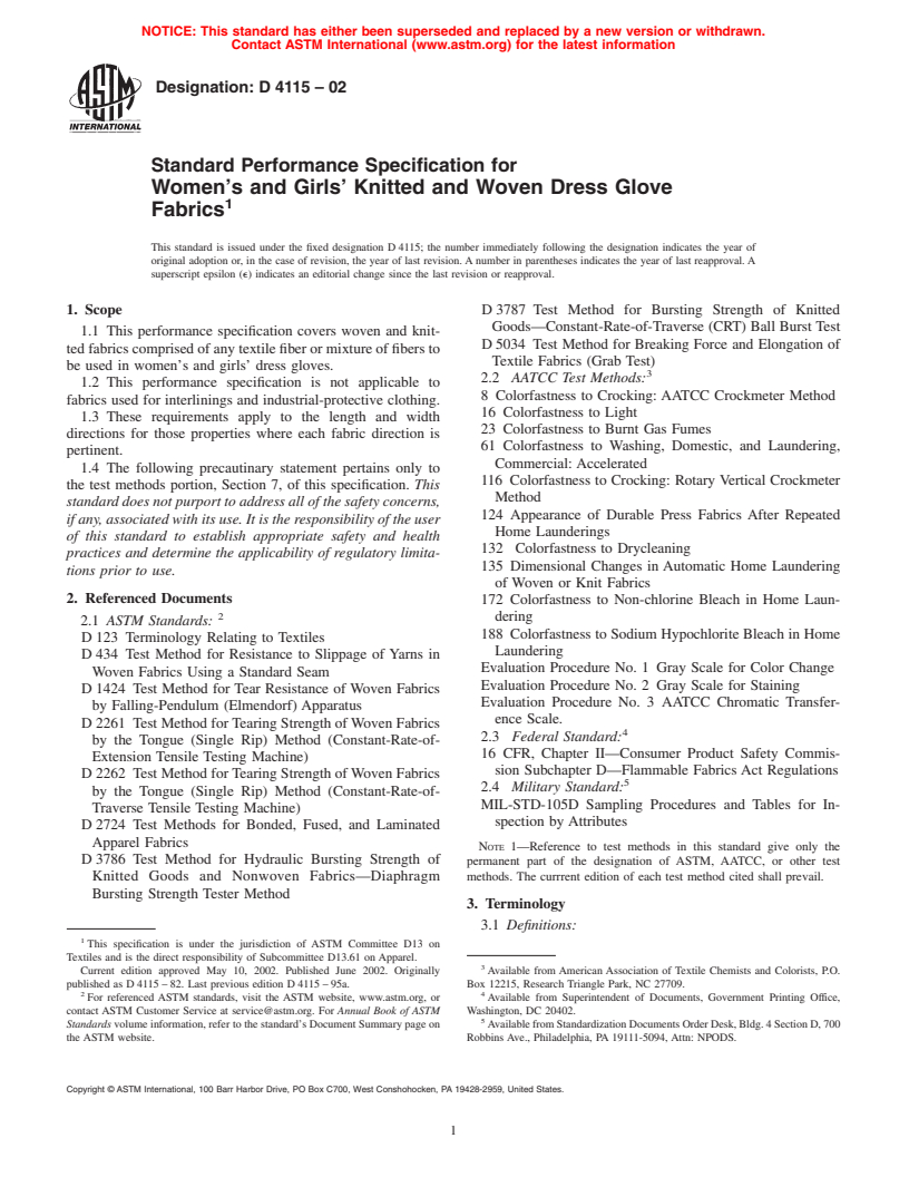 ASTM D4115-02 - Standard Performance Specification for Women's and Girls' Knitted and Woven Dress Glove Fabrics