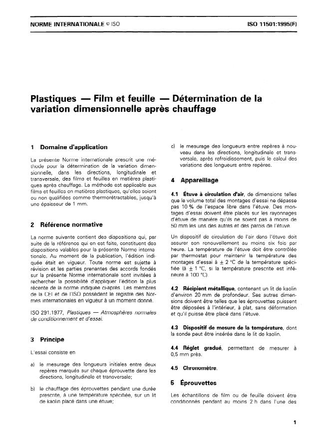 ISO 11501:1995 - Plastiques -- Film et feuille -- Détermination de la variation dimensionnelle apres chauffage