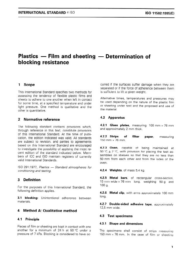 ISO 11502:1995 - Plastics -- Film and sheeting -- Determination of blocking resistance