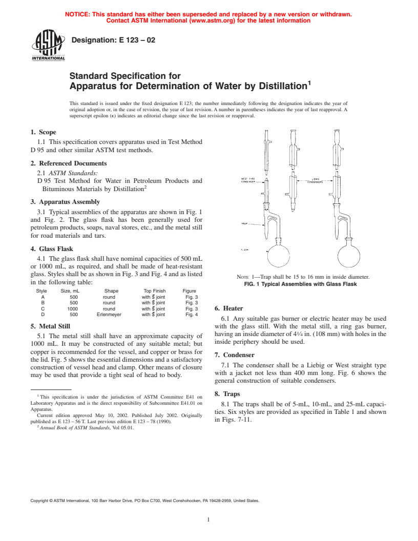 ASTM E123-02 - Standard Specification for Apparatus for Determination of Water by Distillation